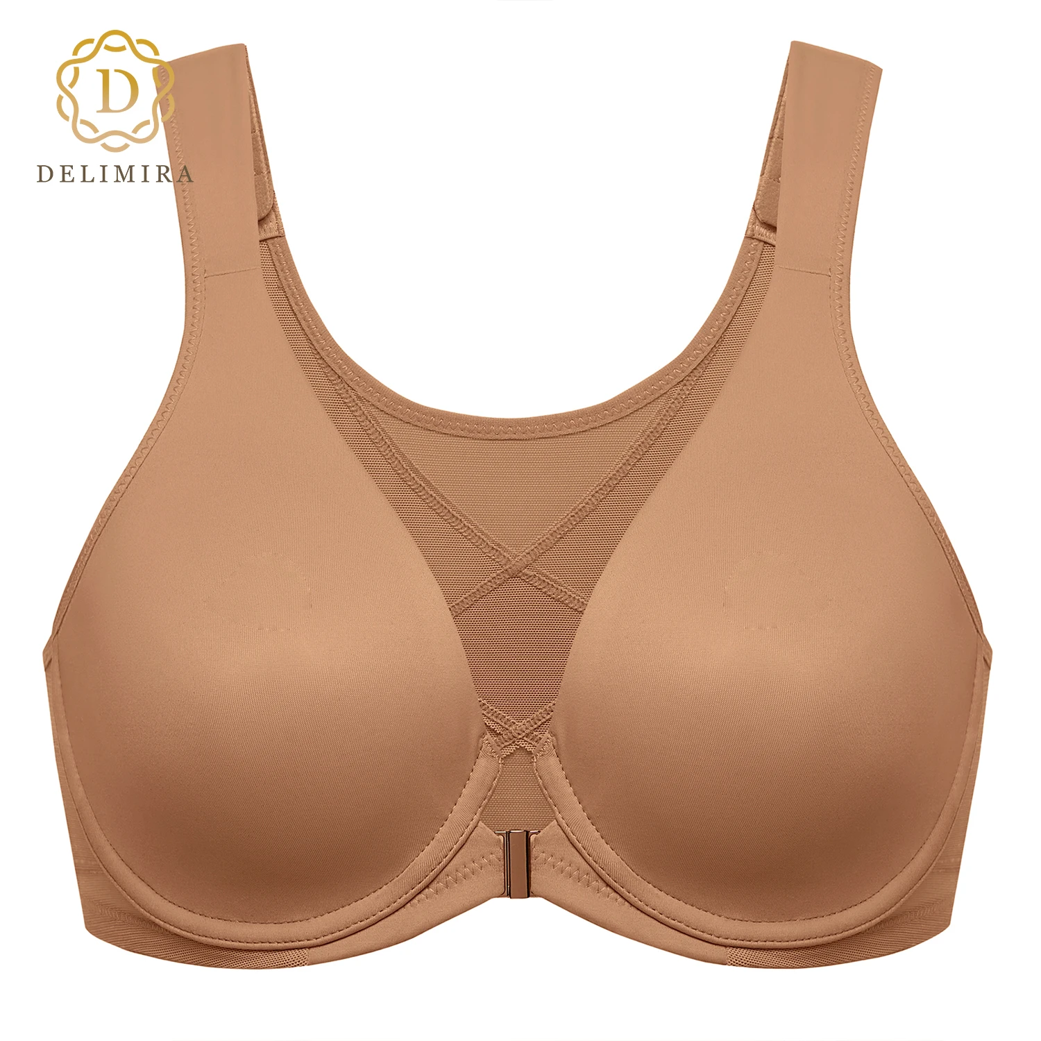 DELIMIRA Women's Posture Front Closure Bras Full Coverage Plus Size Underwire Unlined Back Support Plunge Seamless Bra B-H