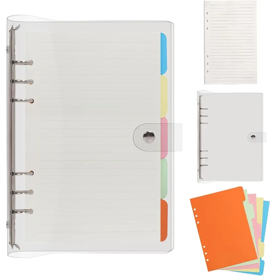 

Clear A5 Notebook Binder 6 Ring Transparent Loose Leaf Refillable A5 Jourl Notebook Binder with 45 Sheets Paper and Dividers Cl