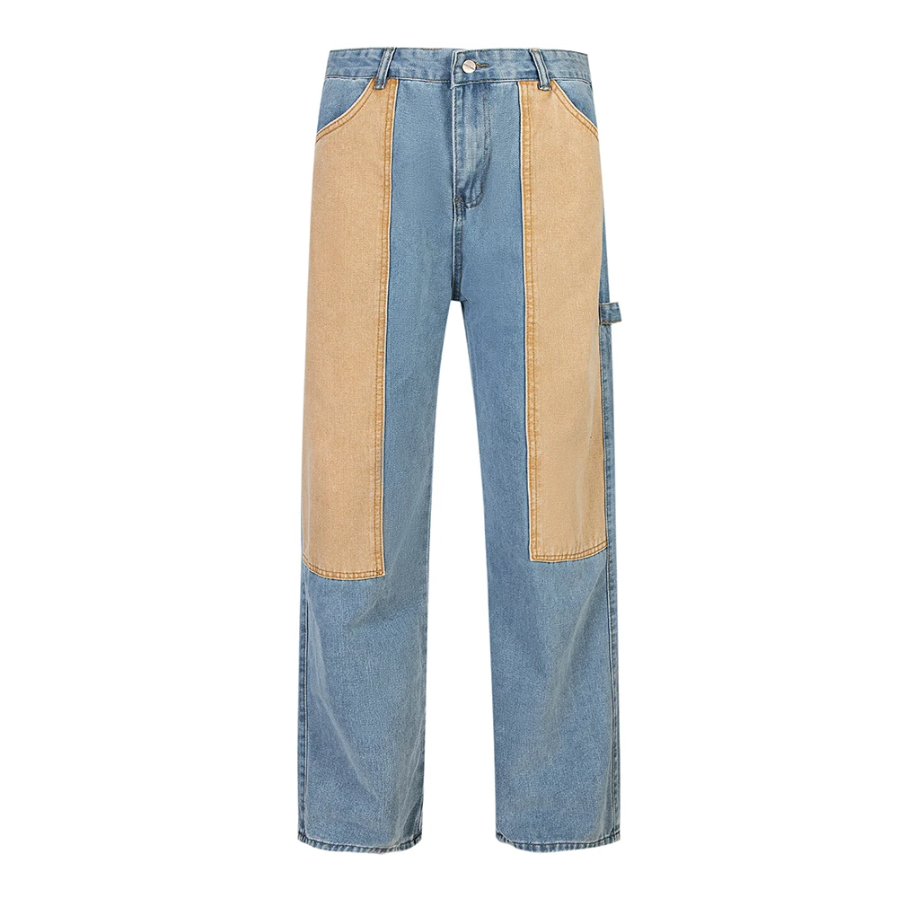 New Contrast Color Pockets Washed Blue Baggy Denim Trousers Mens and Women Straight Patchwork Loose Casual Jeans Oversize Cargos