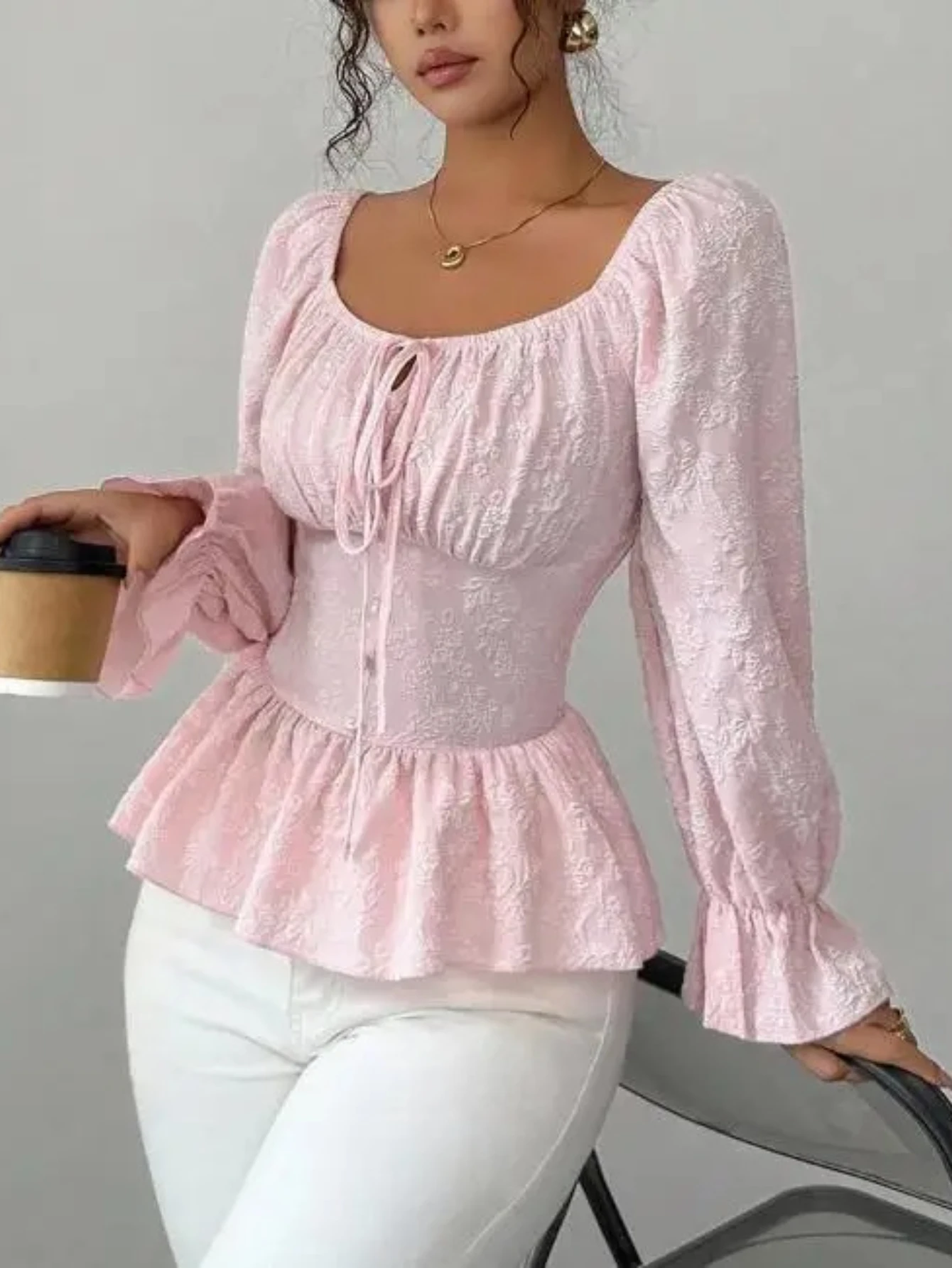 

Women's Shirt Autumn New Fashion Latest Hot Selling Elegant Casual Blouses Women's U-Neck Lace Up Long Sleeved Top