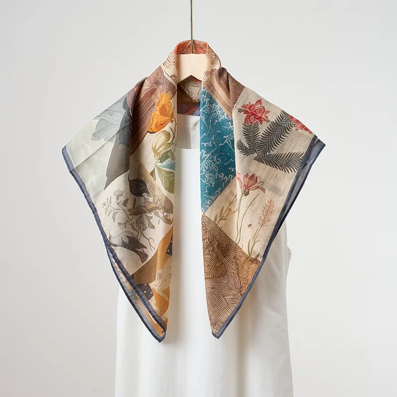 春夏軽量シルクコットンブレンドスカーフ 65 × 65 センチメートル正方形レディース通気性花柄多用途アクセサリー