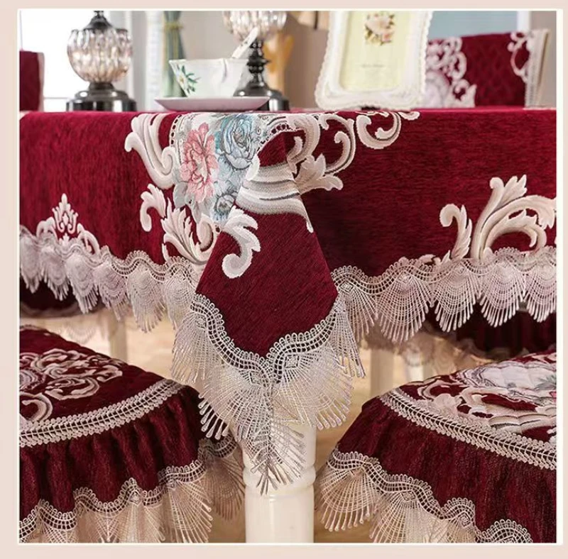 European Style Velvet Tablecloth Connected Chair Cover Lace Edge Integrated Stool Cover Round Table Cloth Thickened Cushion