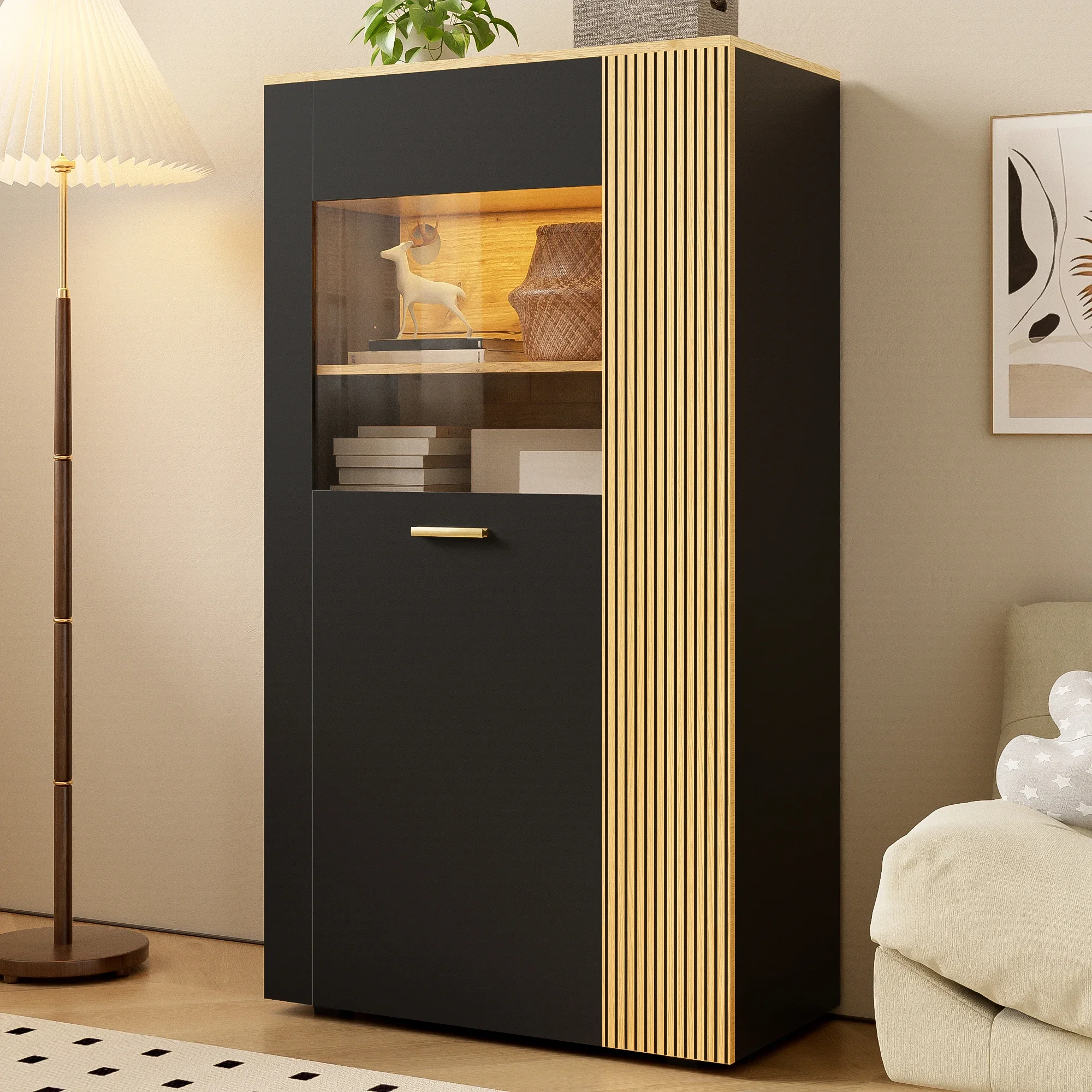 Armoire de rangement moderne noire avec portes en verre, éclairage LED multicolore (16 couleurs), contrôle Bluetooth, 3 étagères fixes et 2 étagères réglables, système de gestion des câbles pour le salon, organisateur en panneau de particules PB.