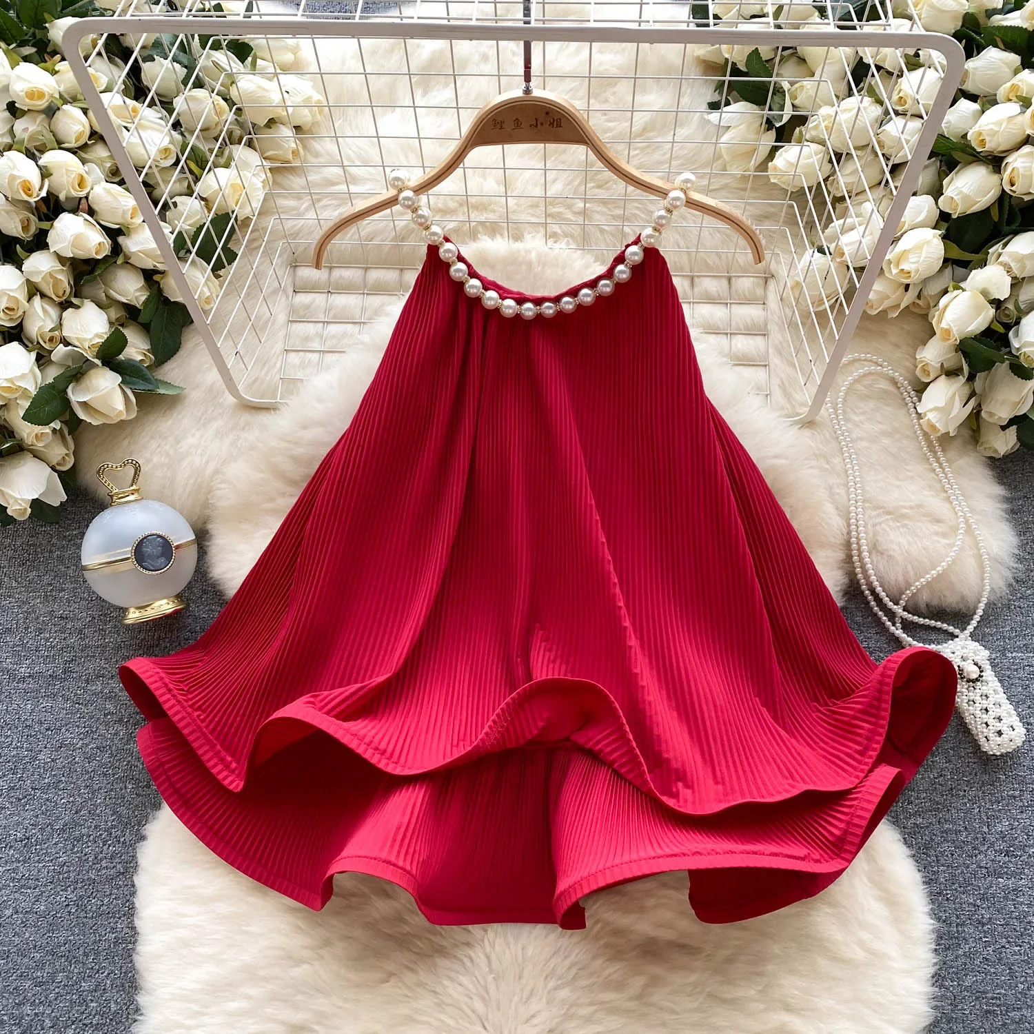 Chic Off Shoulder Ruffle Pleated Sleeveless Halter Top Elegant Sexy Korean Vacation  Summer Women Vestidos