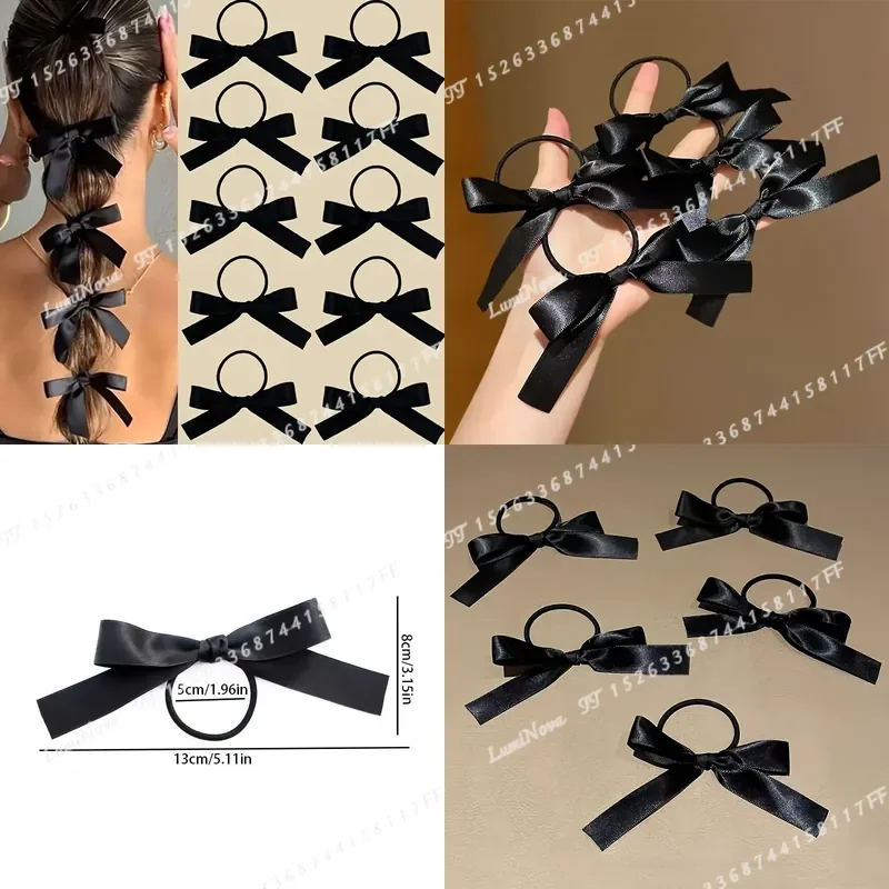 10 Pcs Black Satin Ribbon Hair Ties with Bows Elastic Hair Bands for Women Girls Ponytail Holders Cute Bowknot Hair
