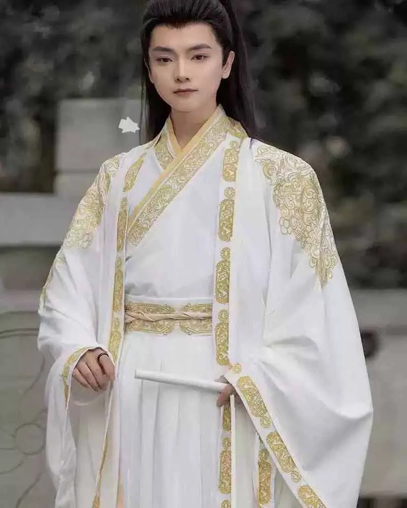 Hanfu unisexe pour hommes, broderie traditionnelle chinoise, noir et blanc, costumes Hanfu Tang, chemise + jupe + manteau, Costume de Cosplay, grande taille 2XL