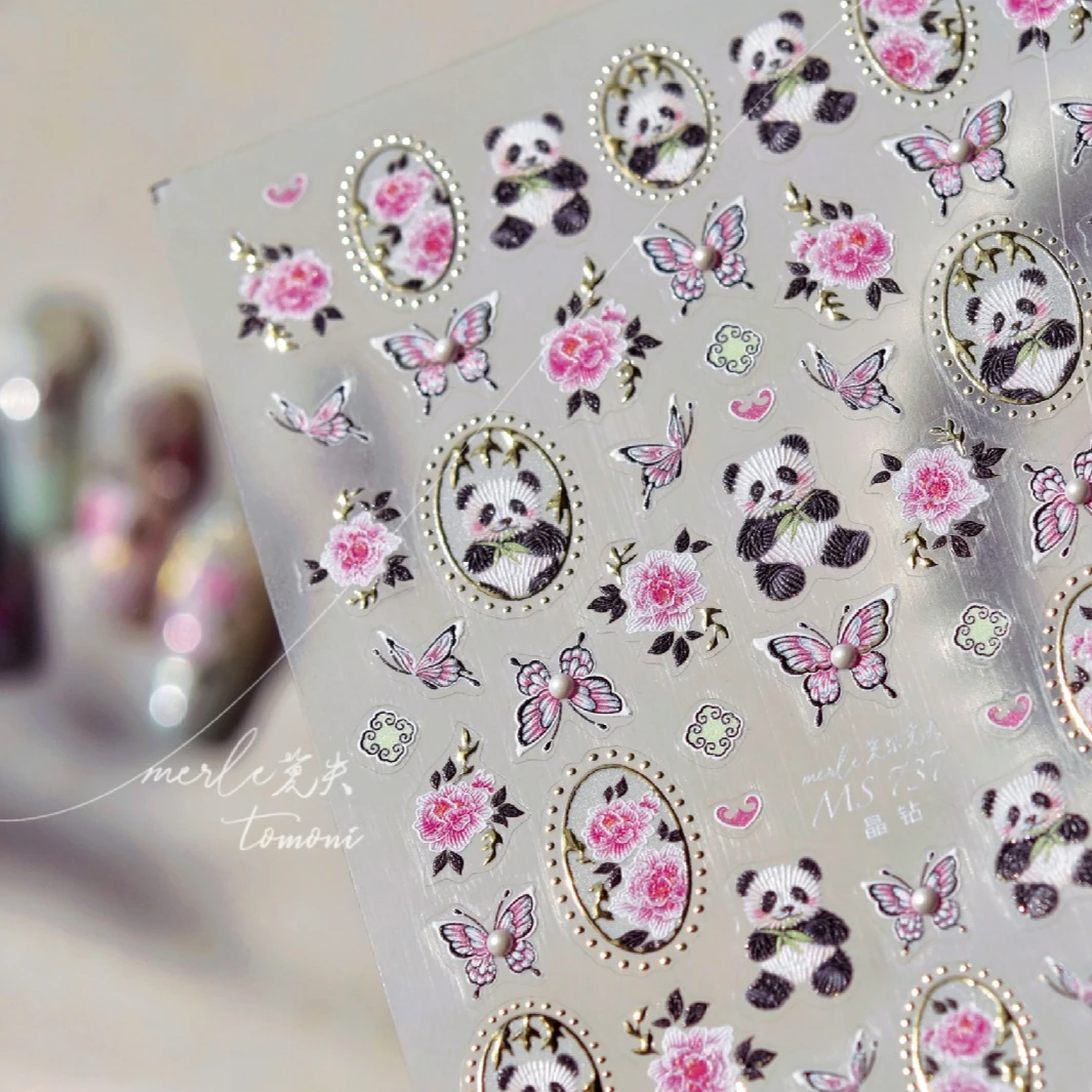 Panda Bamboo Butterfly Pattern Totem Figure Peony Flower Love Heart Adhesive Nail Art Stickers Embroidery Pearl Manicure Decals