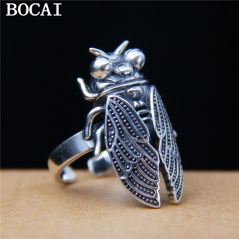 

BOCAI NEW S925 Sterling Silver Simple Retro Style Cicada Ring