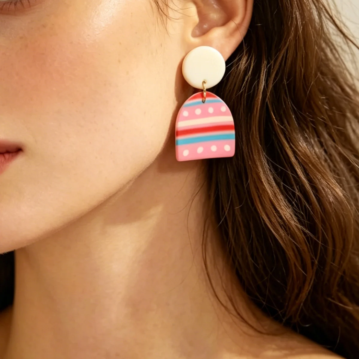 Boho Dangle Polymer Clay Earrings Lightweight Handmade Arch Round Womens Jewelry in Purple Pink Mint Yellow with Sprinkle Stripe