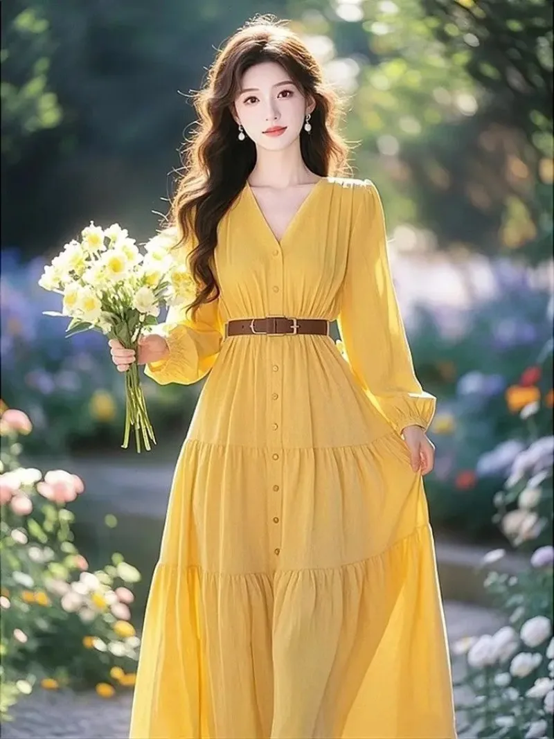 

French Niche Design Sense V-neck Single-breasted Long-sleeved Dress Women's Summer New Versatile Yellow Long Dress 2025