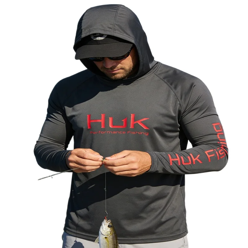 Camisas de pesca masculinas com capuz, manga comprida, de alta performance, com proteção UV, para pesca.