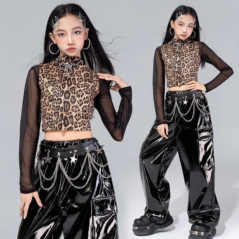 Vêtements de danse Jazz pour filles, gilet imprimé léopard, haut en maille, pantalon noir, mode Kpop, Costume de spectacle, vêtements de danse de rue, 4576