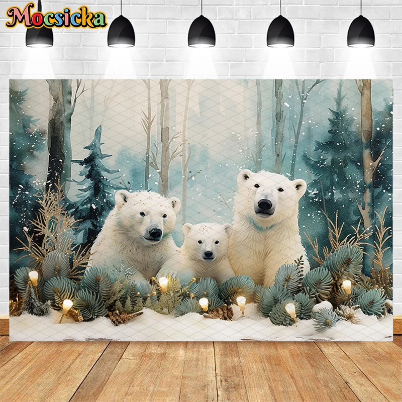 Mocsicka Winter Forest Photography Backdrops Polar Bear Snowflake Christmas Decor Child Adult Portrait Background Studio