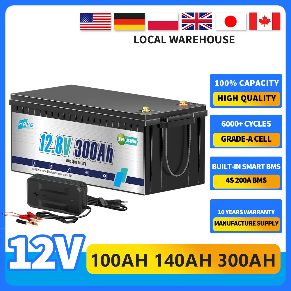 

12V 300Ah 140Ah 100Ah Lithium LiFePO4 battery,8000+ Deep Cycle Lithium Batteries for Trolling Motor,RV,Truck, Kayak,Solar Panel