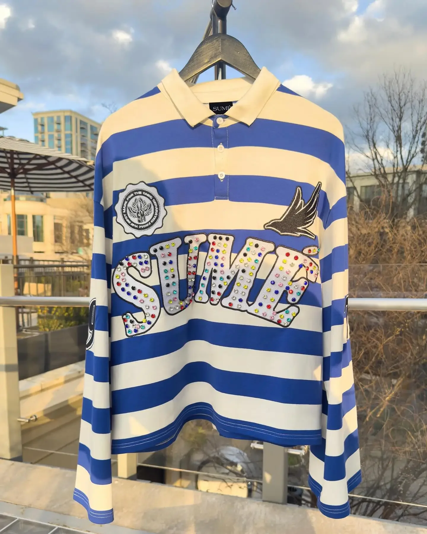 الأمريكية رجل ريترو قميص بولو التلبيب قميص Y2K البلوز الهيب هوب رسالة التطريز الترتر المتضخم قميص قطني بكم طويل بلايز