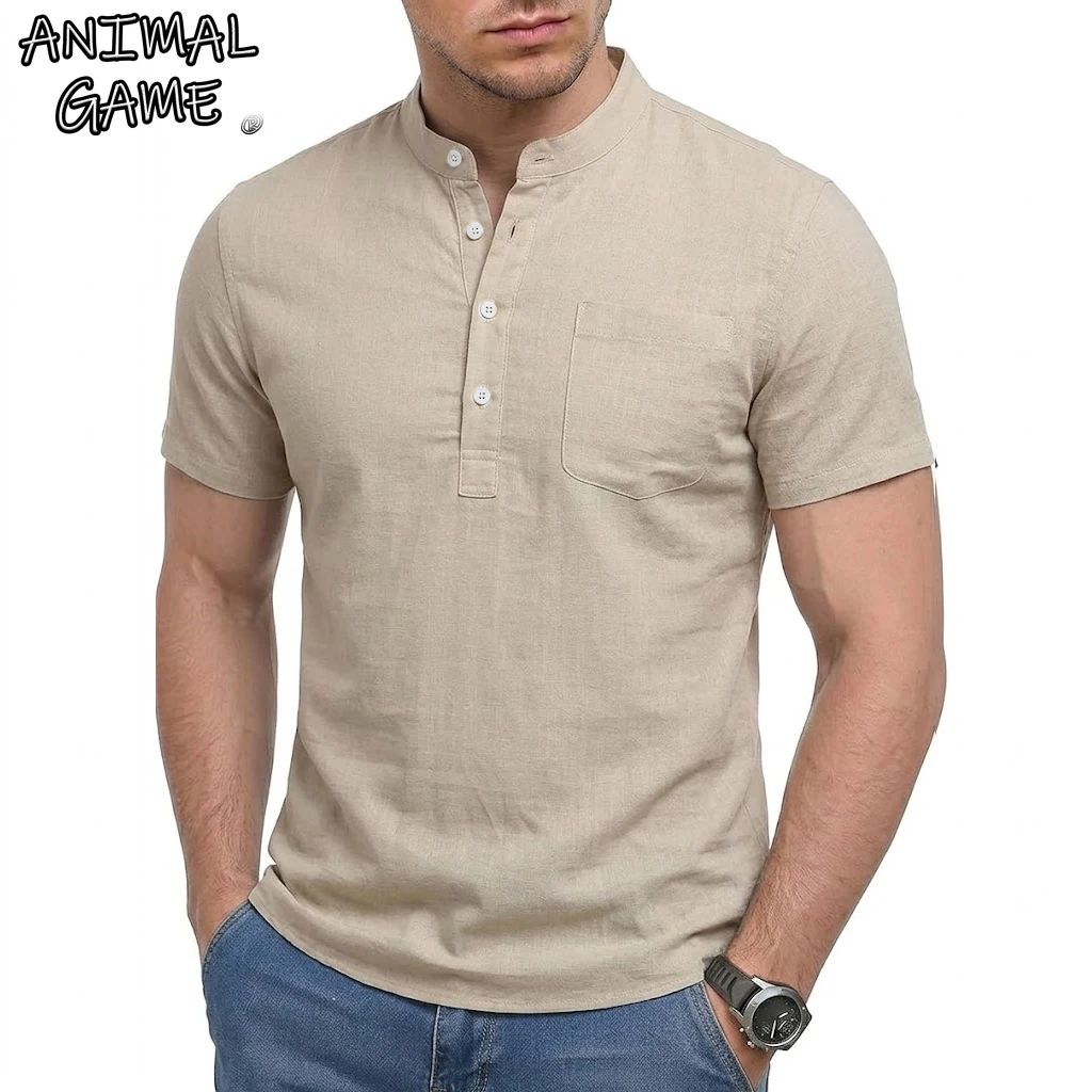 Sommer Herren Leinenhemden Leichte Kurzarm T-Shirts für Männer Henley-Hemd Lässiges Hemd mit Tasche Cooles T-Shirt Atmungsaktives Strandhemd