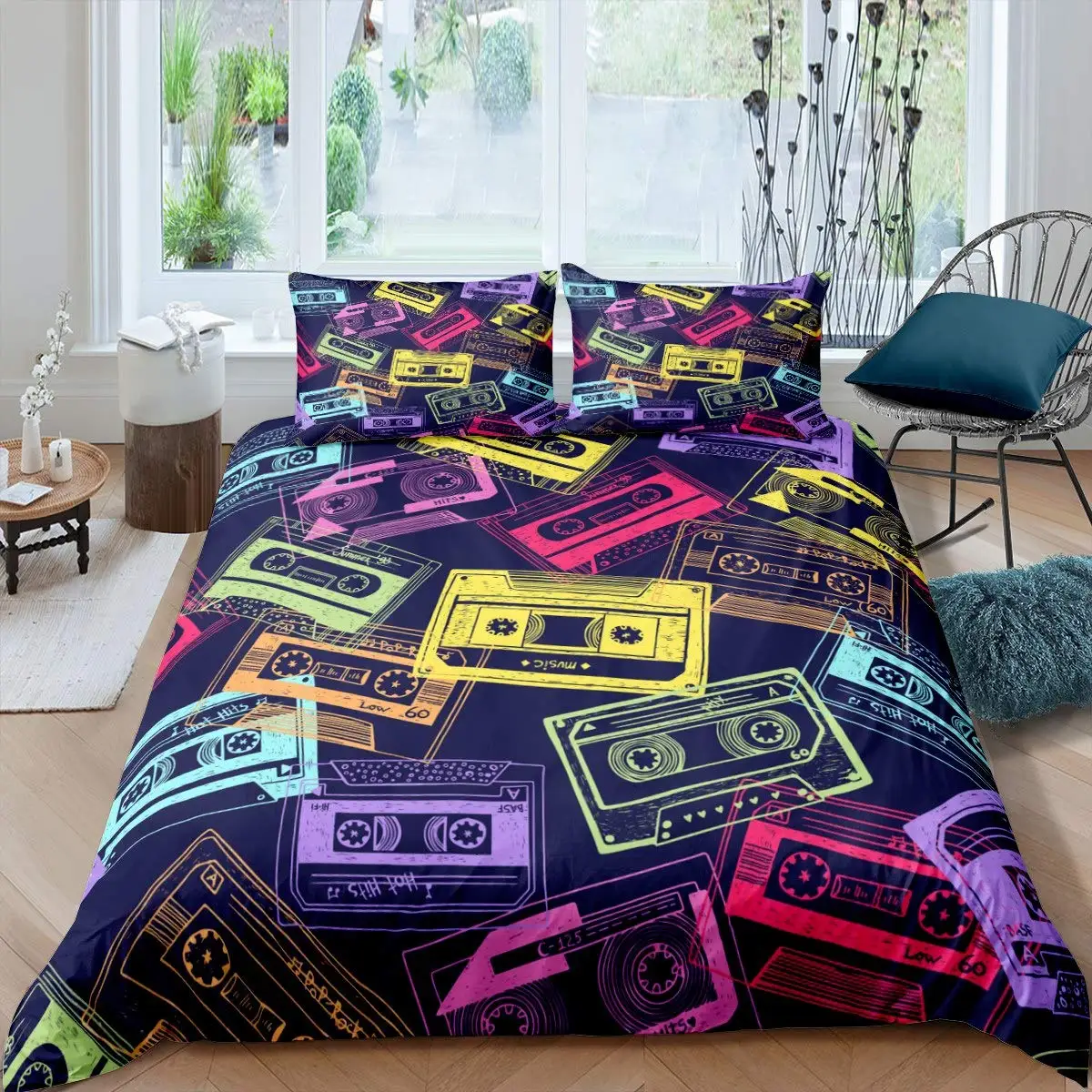 

Hipster Duvet Cover Music Radio Broadcast Walkman Bedding Set for Teens Colorful Tape Vintage Country Music Comforter Cover