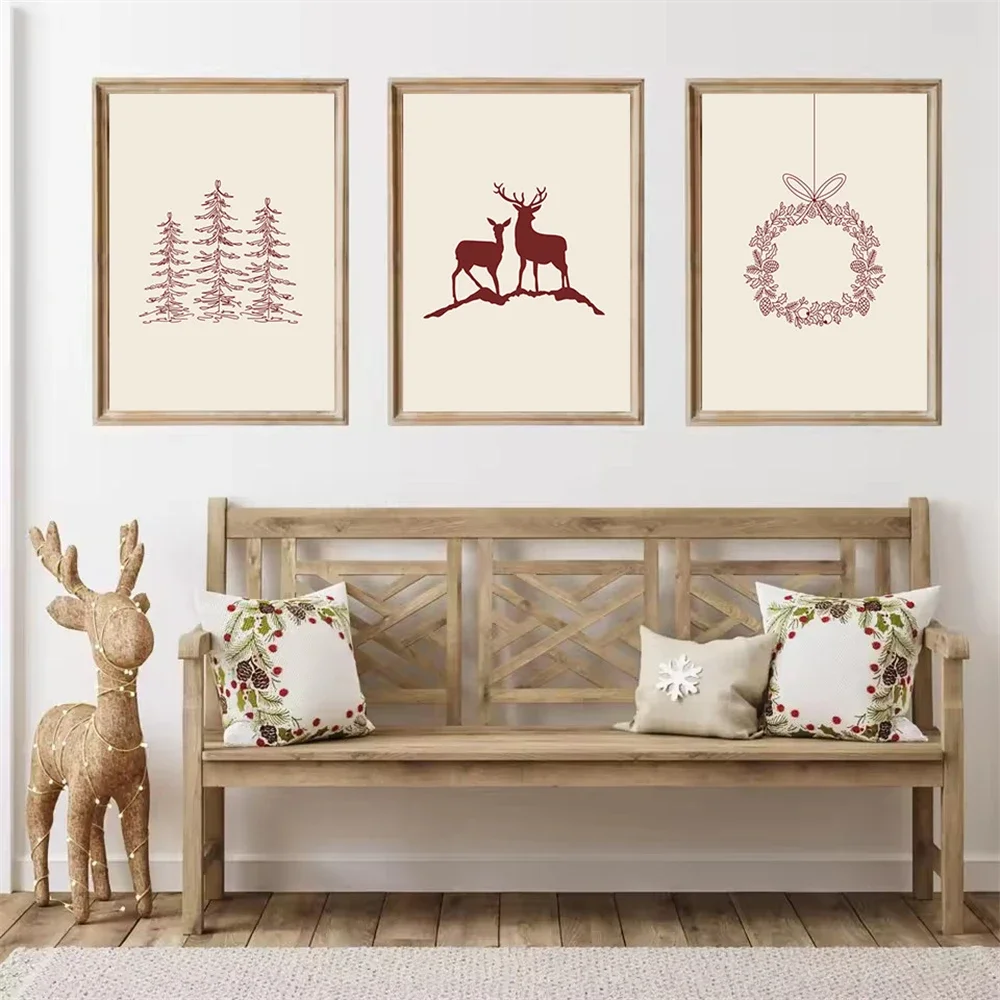 

Modern Beige Red Christmas Tree And Elk Posters Canvas Painting Happy Christmas Art Print Wall Pictures Living Room Home Decor