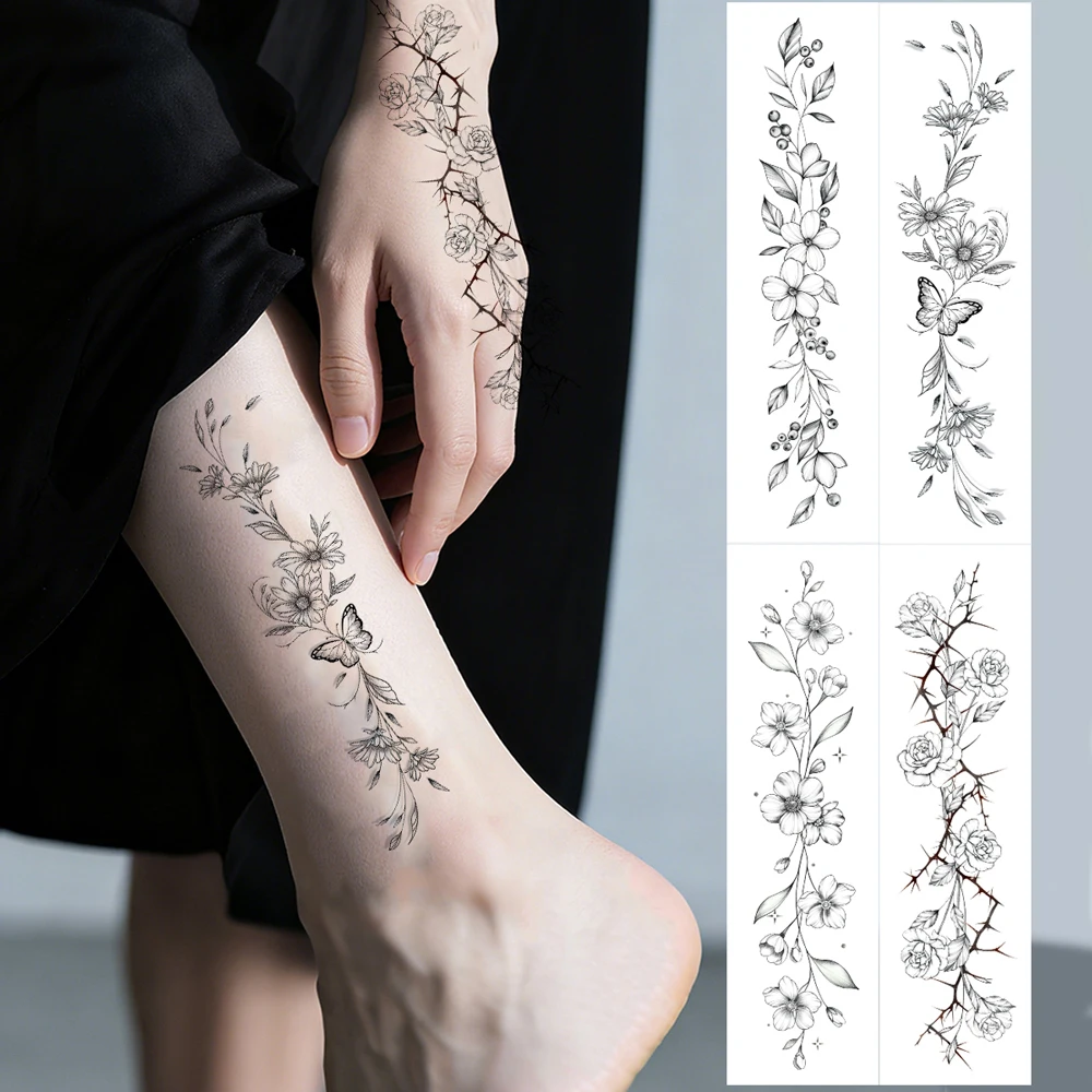 

4 шт., черные цветочные татуировки-наклейки для женщин, водонепроницаемые временные татуировки с цветком и бабочкой, подходят для вечеринок на ногах, одежды для тела,