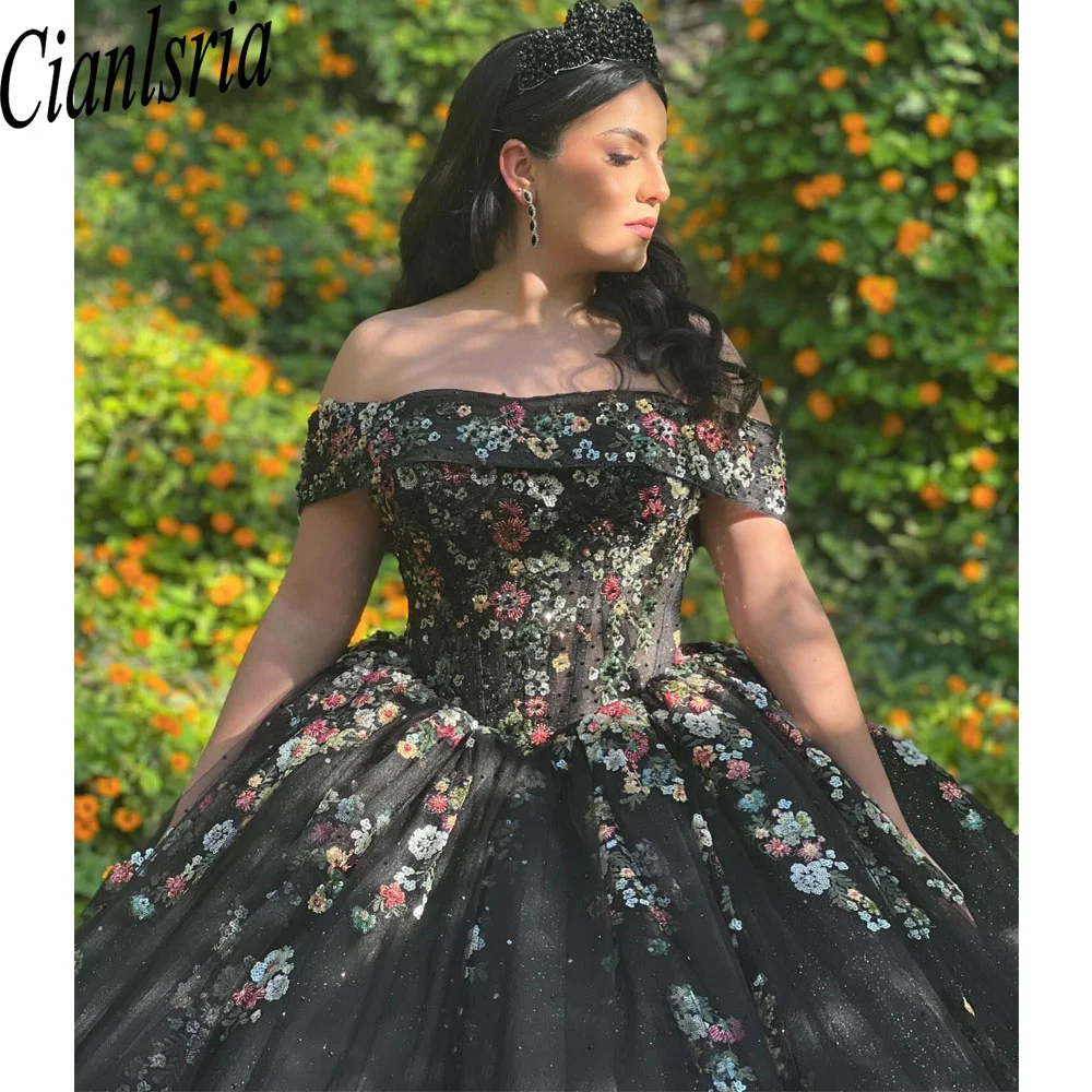 Mexico Black Sweetheart Baljurk Quinceanera Jurken Voor Meisjes Kralen Appliques 3d Bloemen Gelaagde Verjaardagsfeestjurken Sweet 15