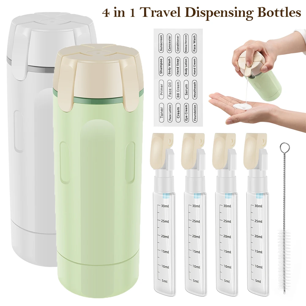 4 in 1 Travel Dispensing Bottles Portable Toiletries and Cosmetics Containers Leak Resistant Press Bottles for Shampoo Body Wash