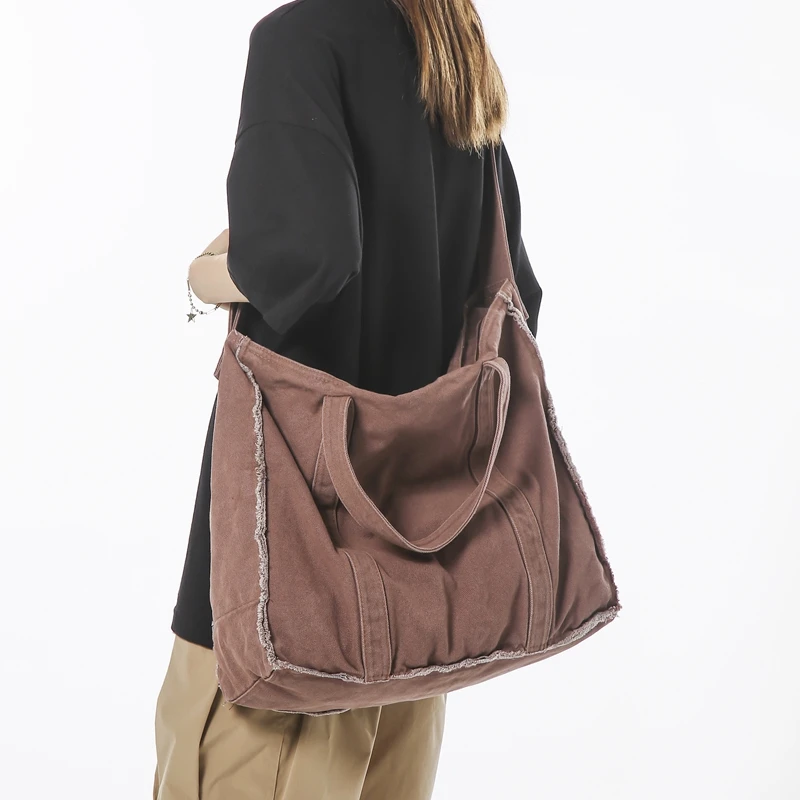 Large Capacity Canvas Handbags Solid Brown Korea Shoulder Bags For Women 100% Cotton Casual Totes 2023 Winter Hong kong Toolkit