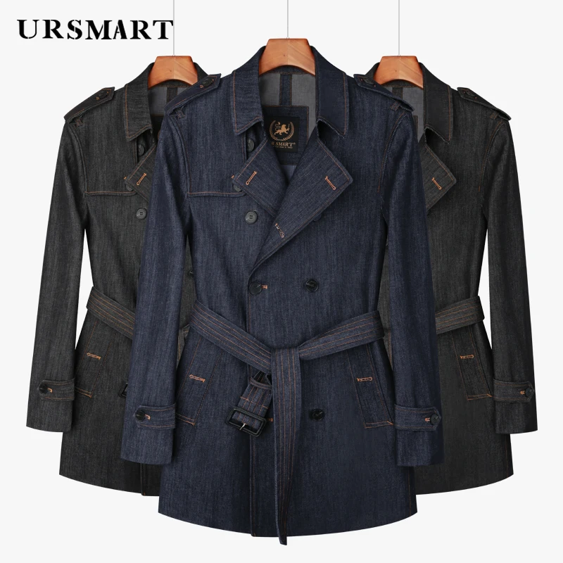 Short denim  trench coat for men with double breasted classic indigo blue color fastness thickened detachable inner British coat