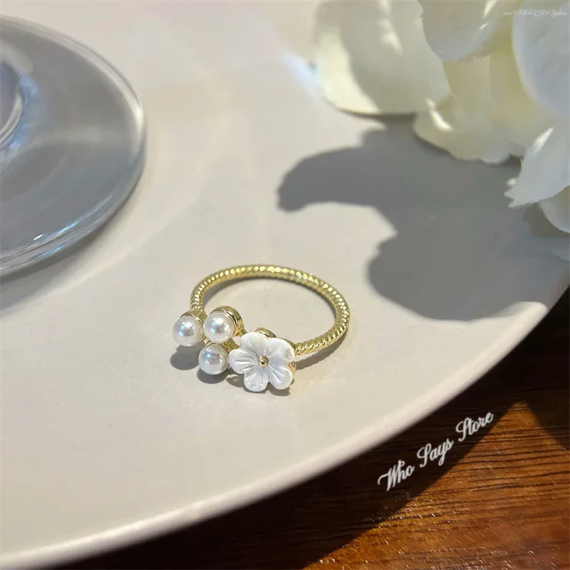 Korea Exquisite Freshwater Pearl Flower Rings for Women Fashion Simple Flowers Opening Rings Girls Custom Jewelry Anillo Hombre