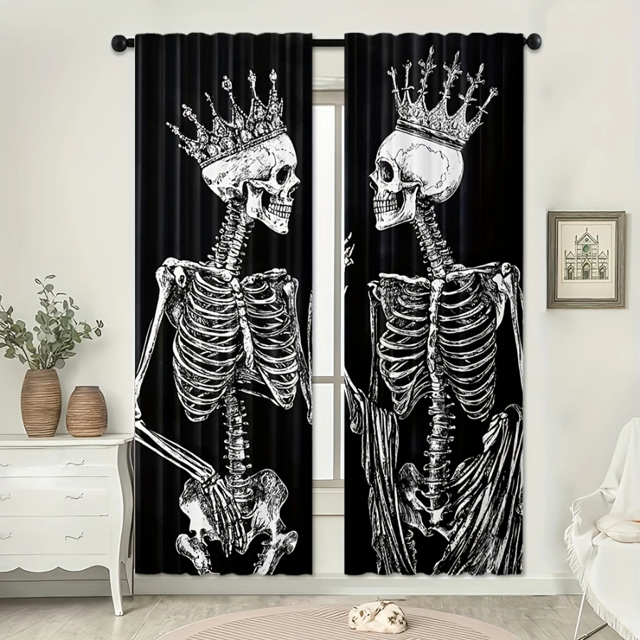 2PCS Digital Printed Curtains, Black Cat Witch Skull Pattern, Dark Fantasy Style Rod Pocket Drapes for Bedroom Living Room Decor
