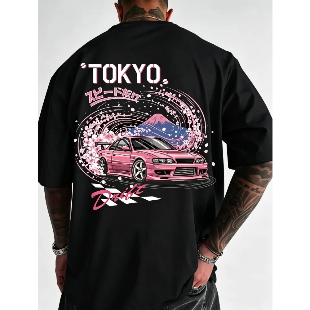 2026 New Men Trendy Tokyo Drift JDM Graphic Print T-shirt, Racing Car Fuji Cherry Blossom Slogan Tops,