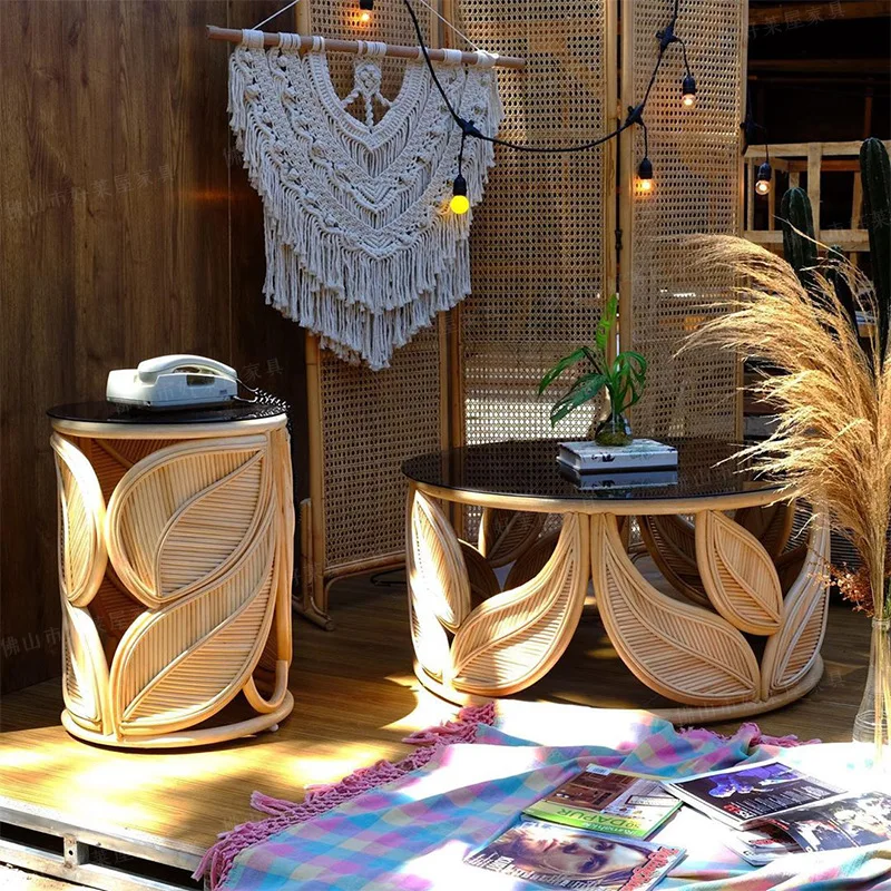 Rattan art coffee table Nordic simple small apartment living room round combination Japanese leaf balcony small round table
