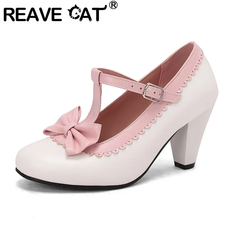 

REAVE CAT 2025 Sweet Women Pumps Round Toe Block Heels 7.5cm Buckle T-strap Bowknot Mixed Color Plus Size 46 47 48 Dating Shoes