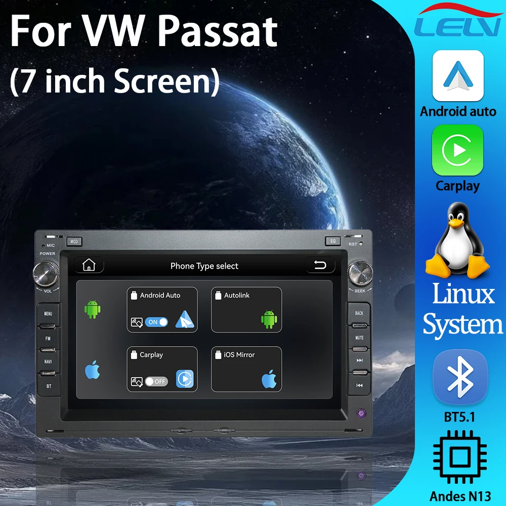 Sistema Linux LELV de 7'' con radio de coche estéreo inalámbrico, Carplay, Android Auto y GPS para VW Passat B5 MK4 MK5 Golf 4 Polo Bora Jetta T5