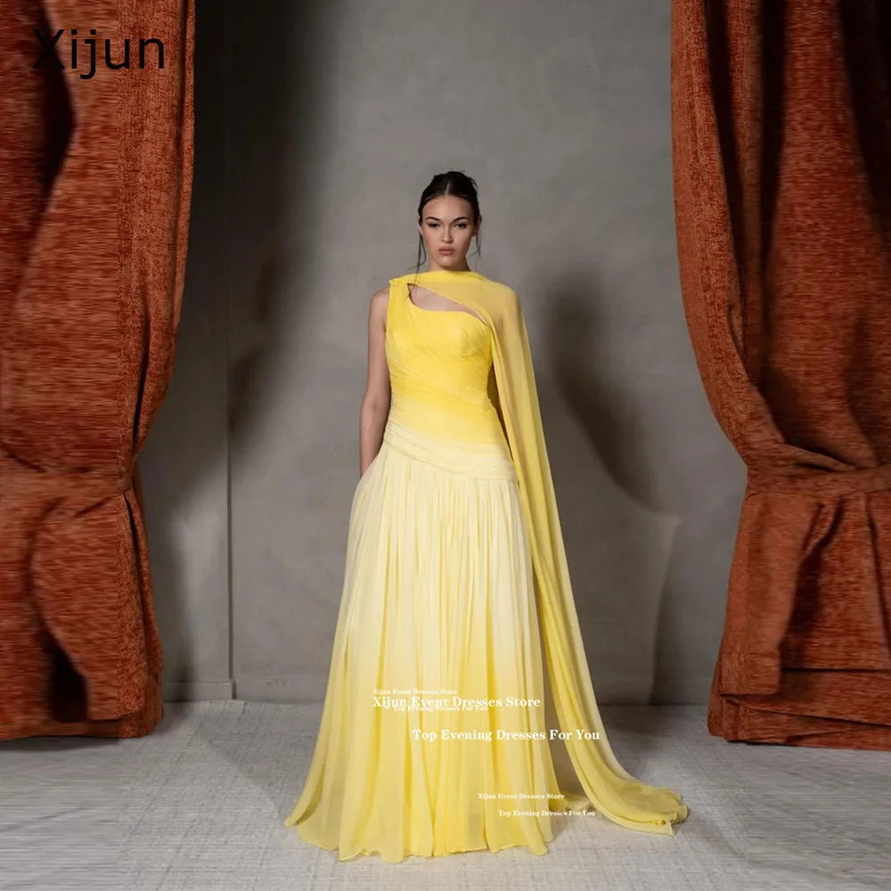 

Xijun Elegant Gradient Yellow Evening Dresses Chiffon A-Line Shawl Long Prom Dresses Sleeveless Pleated Maxi Prom Gowns Customiz