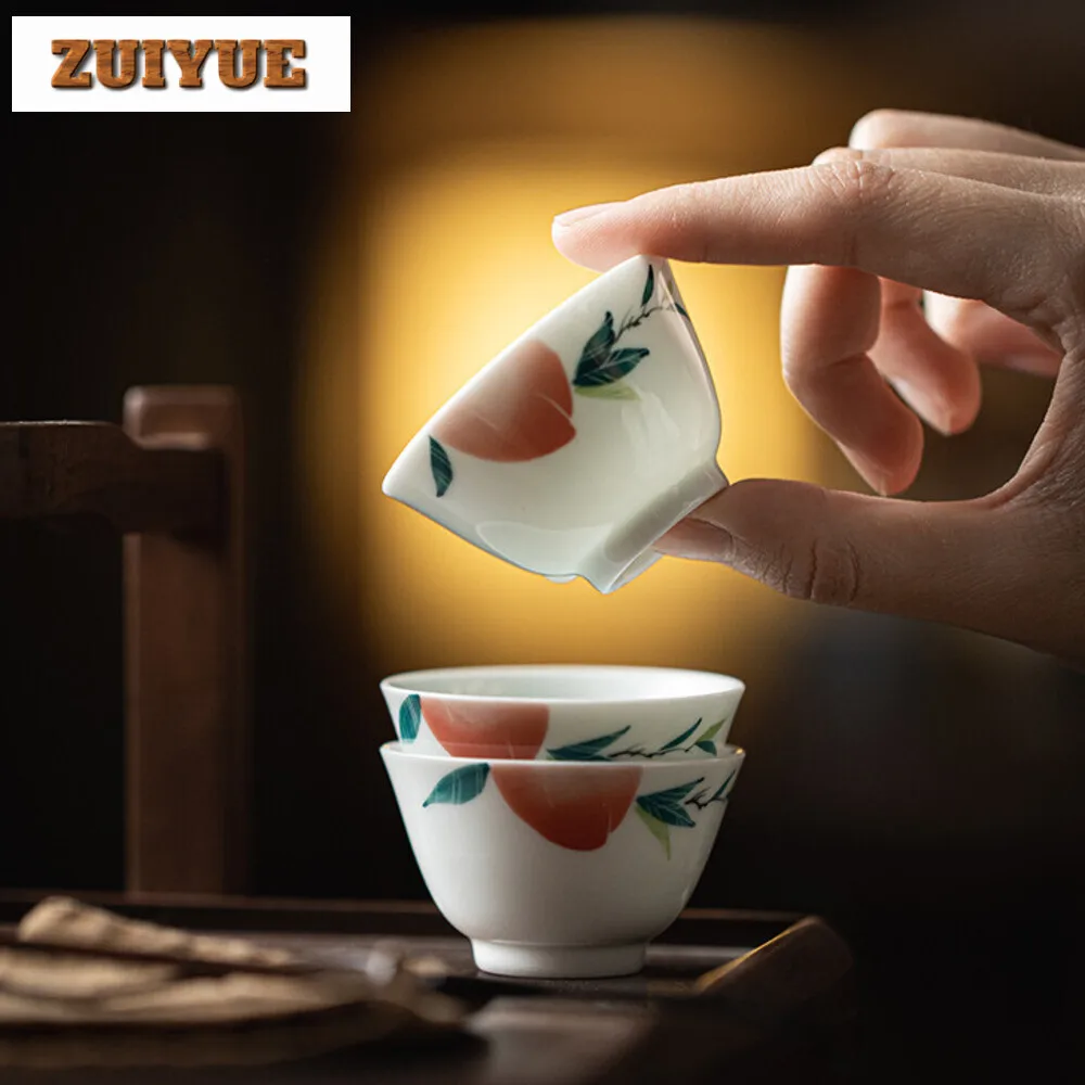 

2pc/set Hand-painted Peach Tea Cups Underglaze Color Smell Mate Cup Handmade Thin Tire Master Cups Japanese Kung Fu Teasets 40ML