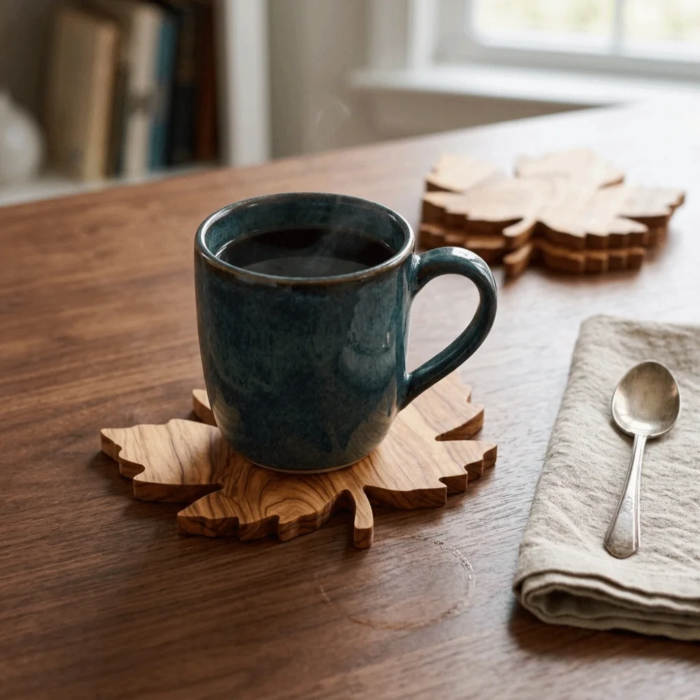 Durable Non-Slip Maple Leaf Wooden Coasters Anti Scald Natural Coffee Coasters Heat-Resistant Insulation Pad Restaurant