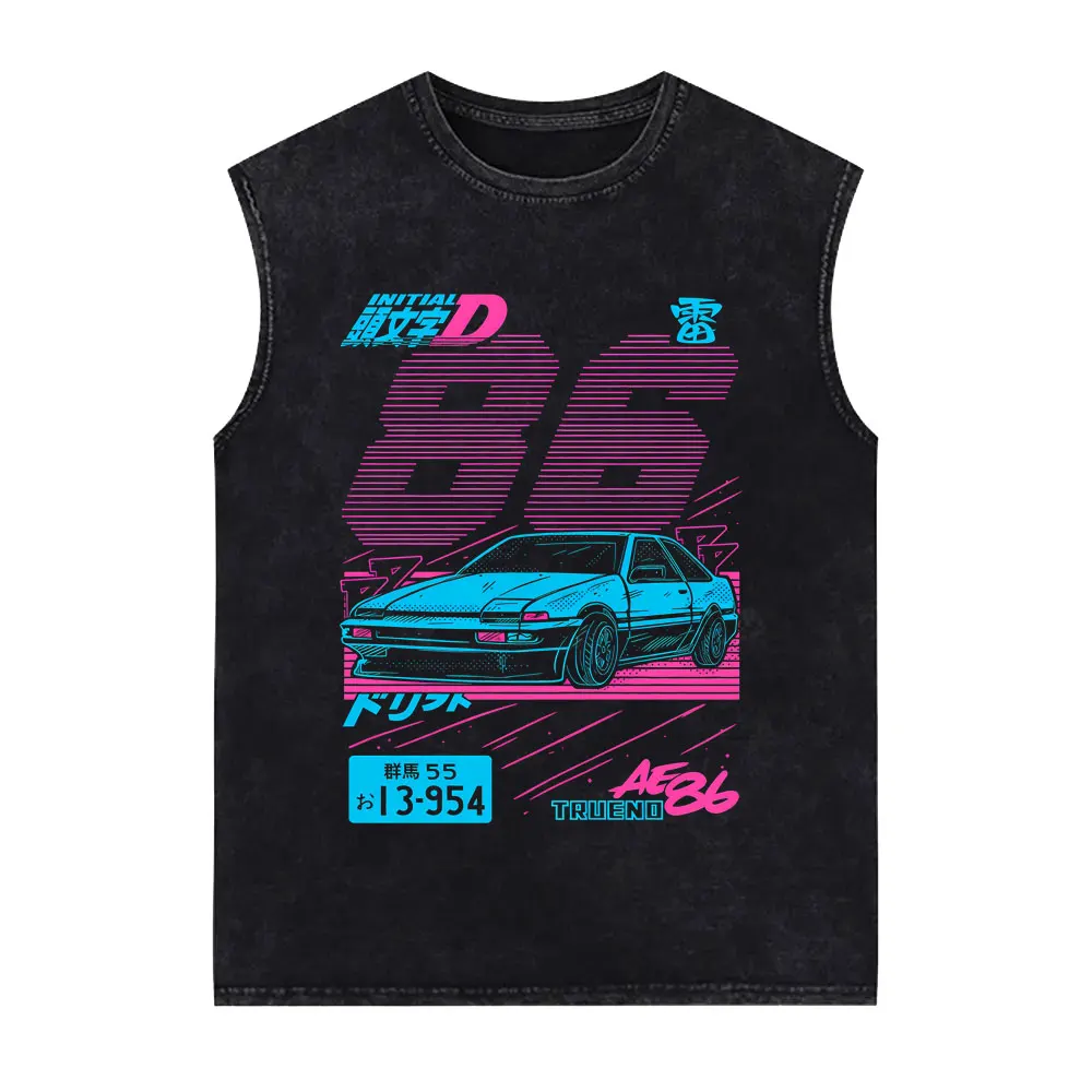 Japanese Anime Initial D Takumi Fujiwara Drift AE86 Vintage Washed Tank Tops Men's Women Cartoon Manga Sleeveless Vest T Shirt