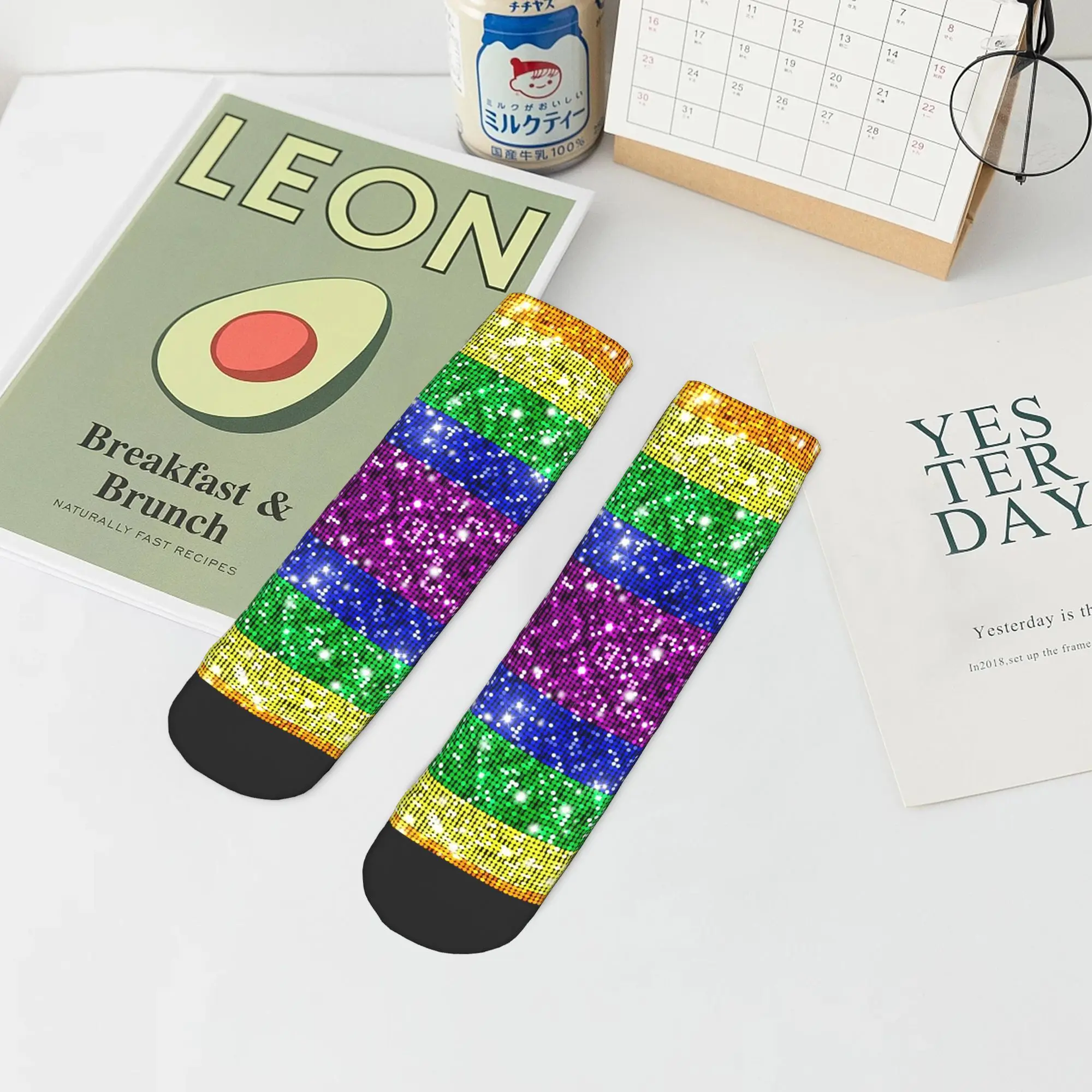 Calzini lesbici gay LGBT con bandiera dell'orgoglio arcobaleno con glitter finti Calze Harajuku Calzini per tutte le stagioni Accessori per regali unisex