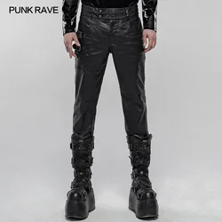 PUNK RAVE Men's Punk Imitation Leather Handsome Pants Daily Casual Zipper Bag Decoration Men Fashion Pencil Trousers Street Wear