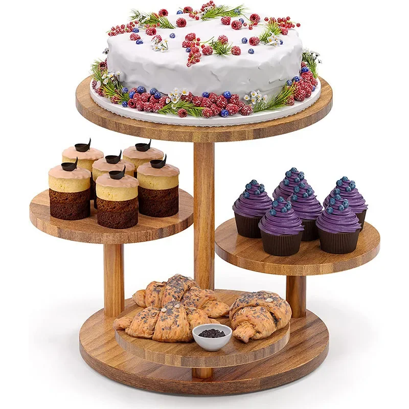Multi-Tier Wooden Round Serving Tray Desktop Decor Storage Riser Stand Cake Dessert Display Rack For Home Kitchen