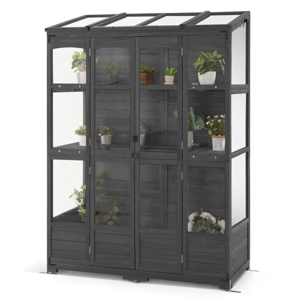 

Wooden Greenhouse, Walkin Outdoor Greenhouse with Openable Roof and Lockable Door, 0899 Dark Grey