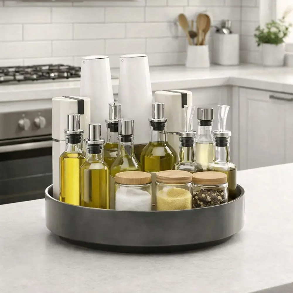 Carbon Steel Rotating Spice Rack Round Large Capacity Seasoning Storage Holder Non-slip Base Waterproof Condiment Storage Rack