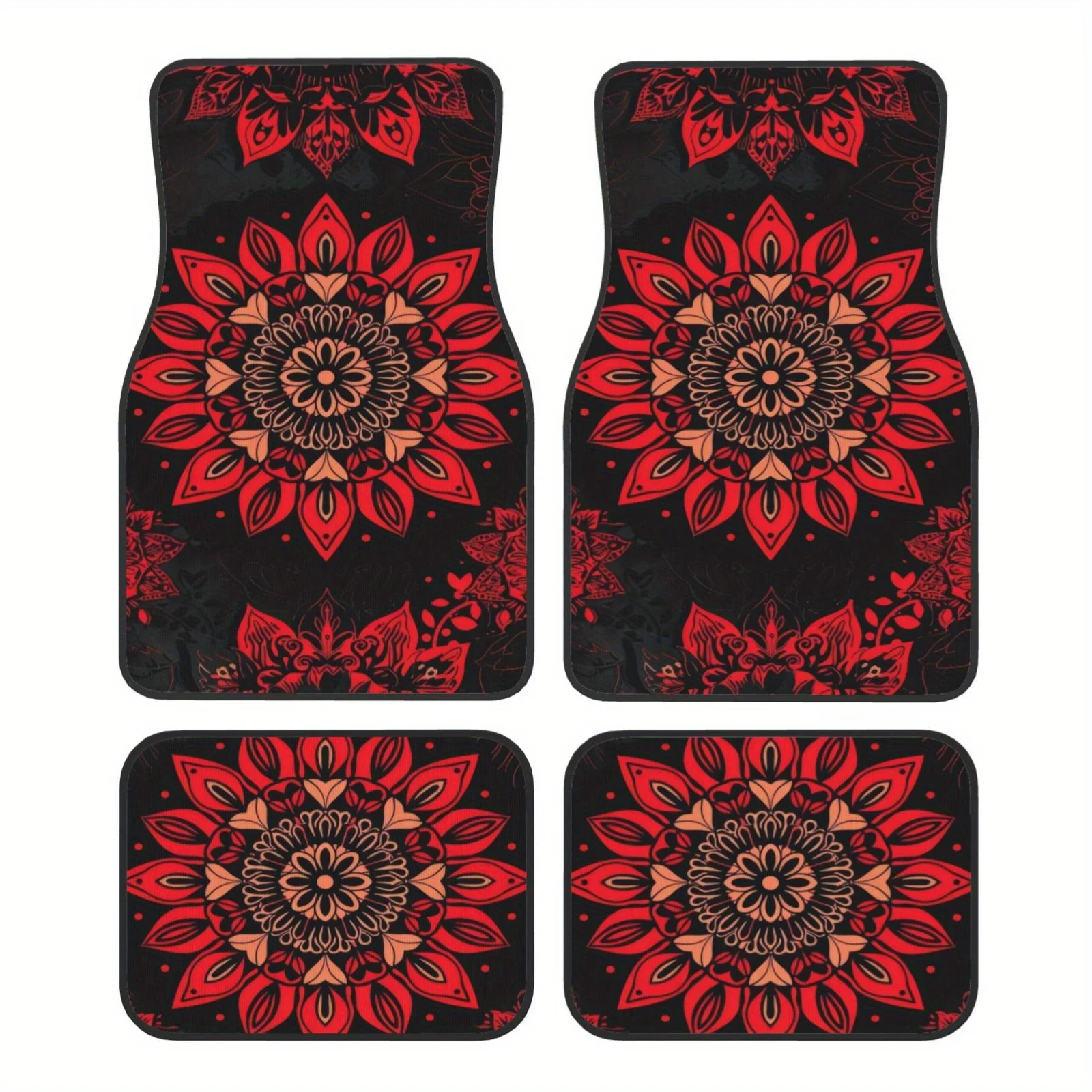

4pcs Red Mandala Flower Pattern Design Car Mats Easy To Clean Washable Interior Accessories Stylish Car Interior, Holiday Gifts