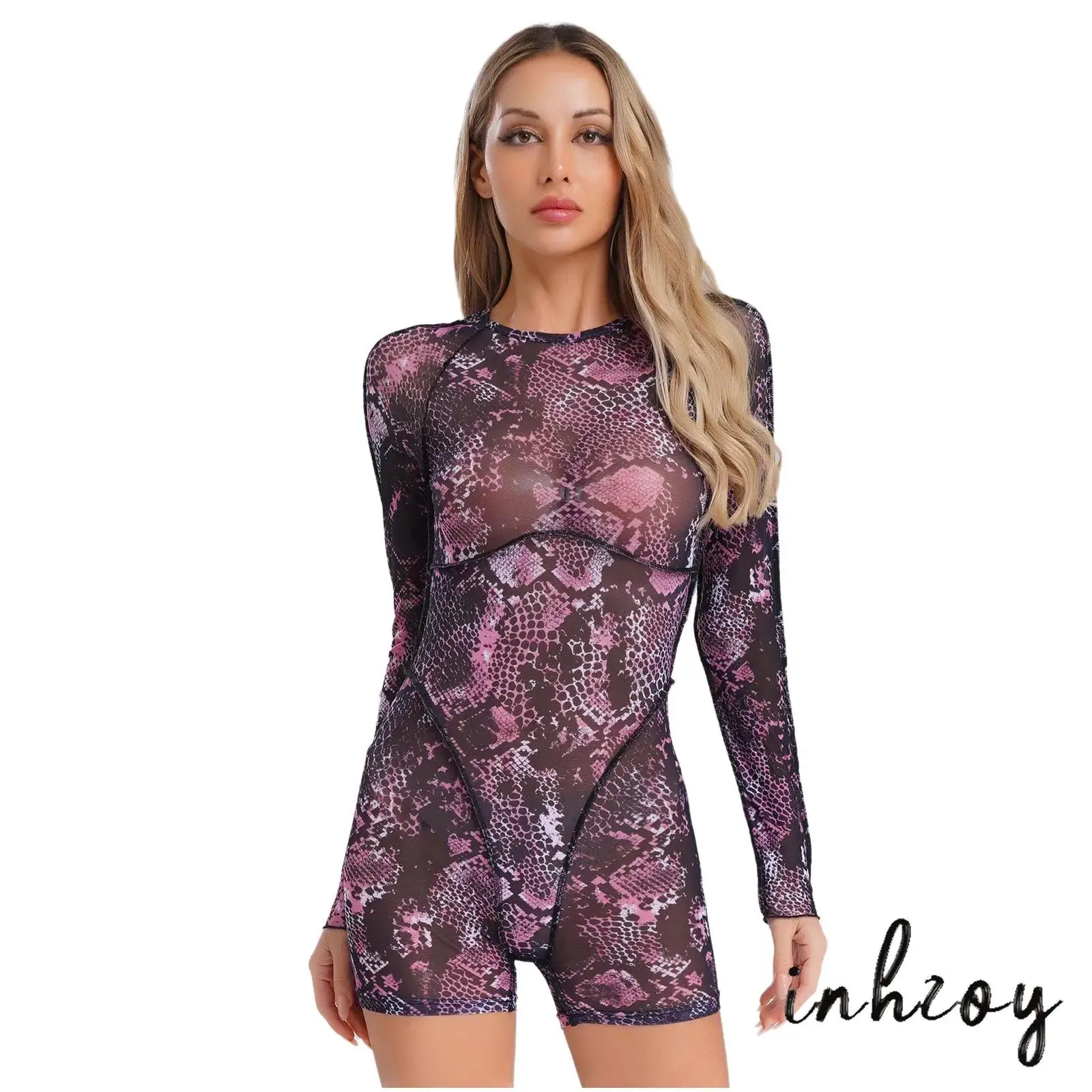 

Women See Through Short Jumpsuit Round Neck Long Sleeves Open Back Boylegs Short Bodysuit Fashion Party Bar Club Wear