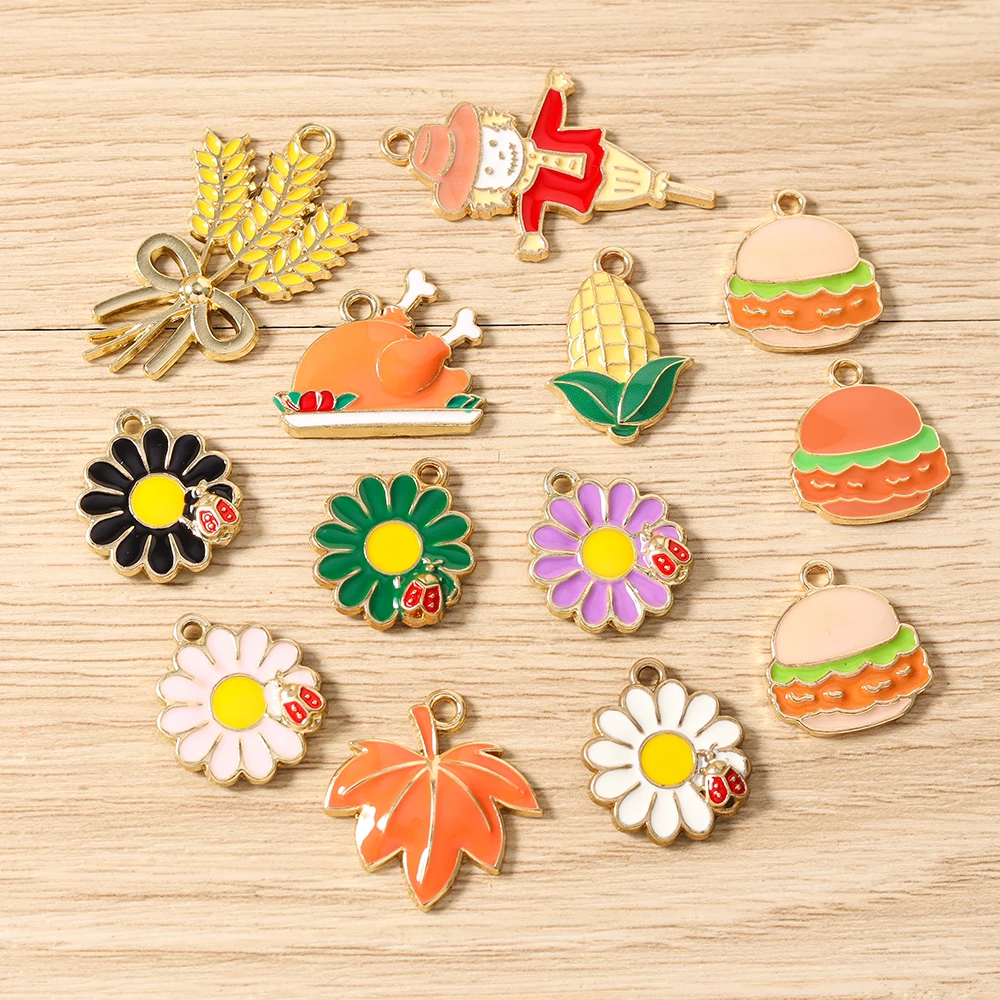 Tusember 10 Stück Emaille-Anhänger in Form von Ahorn, Mais, Truthahn, Kürbis und Blumen für DIY Armband- und Halsketten-Schmuckherstellung – Detail 2