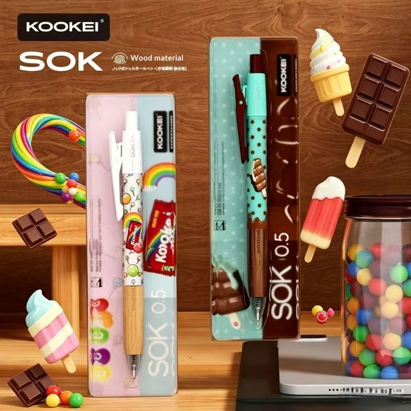 KOOKEI SOK Wooden Gel Pen 0.5mm Black Ink Sweet Dessert Candy Chocolate Design Retractable School Office Writing Stationery