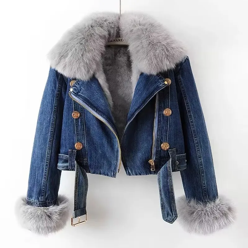 AW New Women Faux Fox Fur Collar Jean Coat Winter Jacket Female Short Warm Parkas Rabbit Hair Lining Outwear Fashion Overcoat view 4