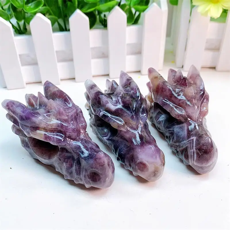 Natural Dream Amethyst Dragon Head Skull Healing Polished Quartz Crystal Figurine Holiday Gift Home Room Decoration 1PCS