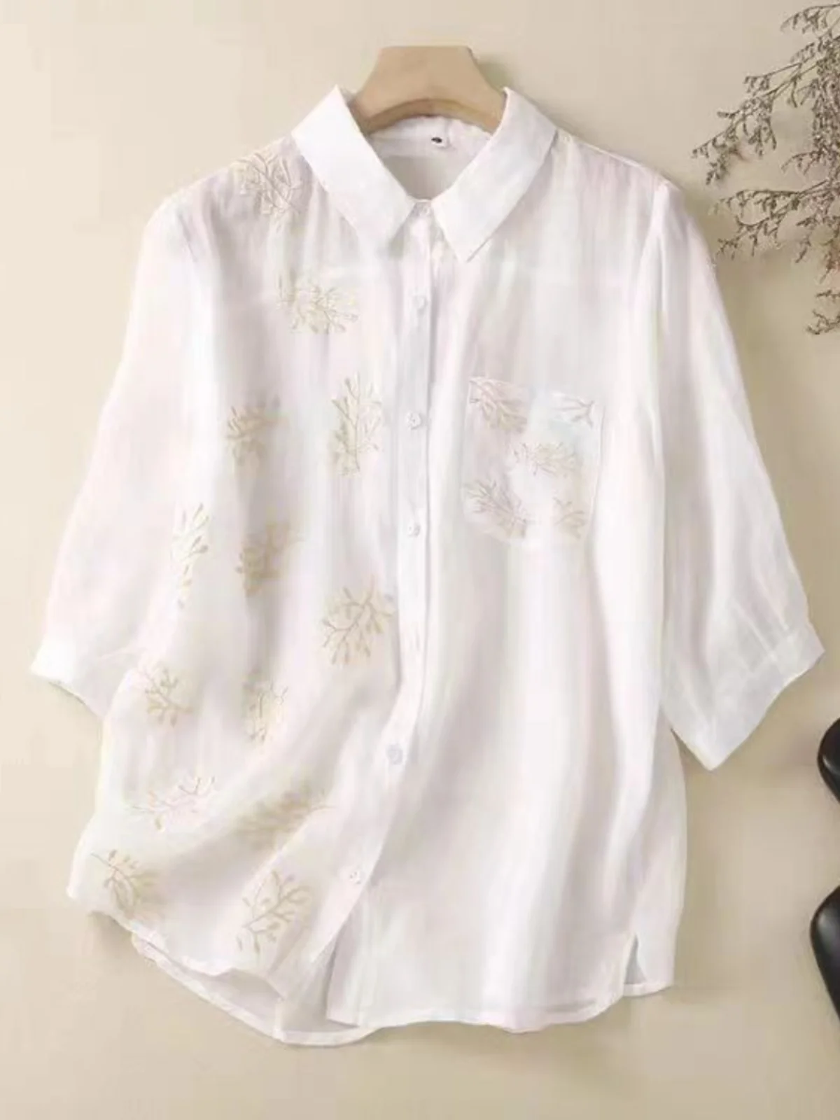 

Cotton Linen Casual Shirt Women's Spring Autumn Loose Versatile Seven Sleeve Tops Slimming Casual Shirt Collar Button De...