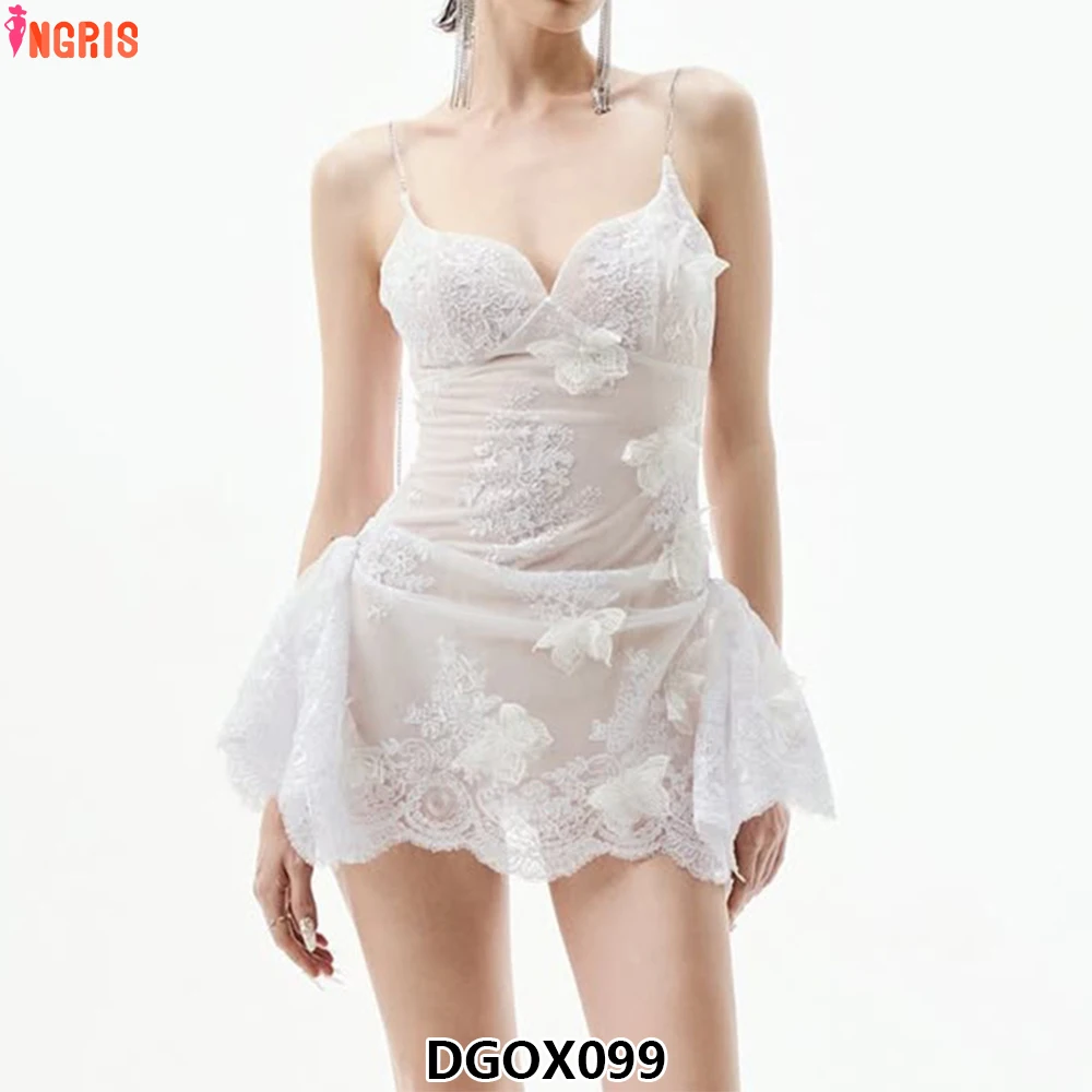 

2025 New Solid Color Slim-fitting Embroidery White Dress Sexy Halter Lace Short Dress-DGOX099